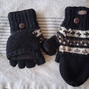Black Convertible Knit Mittens with Cream & Brown Fair Isle Accents